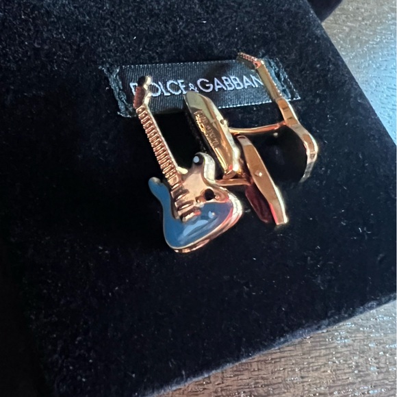 DOLCE & GABBANA Blue Enamel Cufflinks Gold Galvanized Metal Guitar Design NIB - Picture 8 of 10